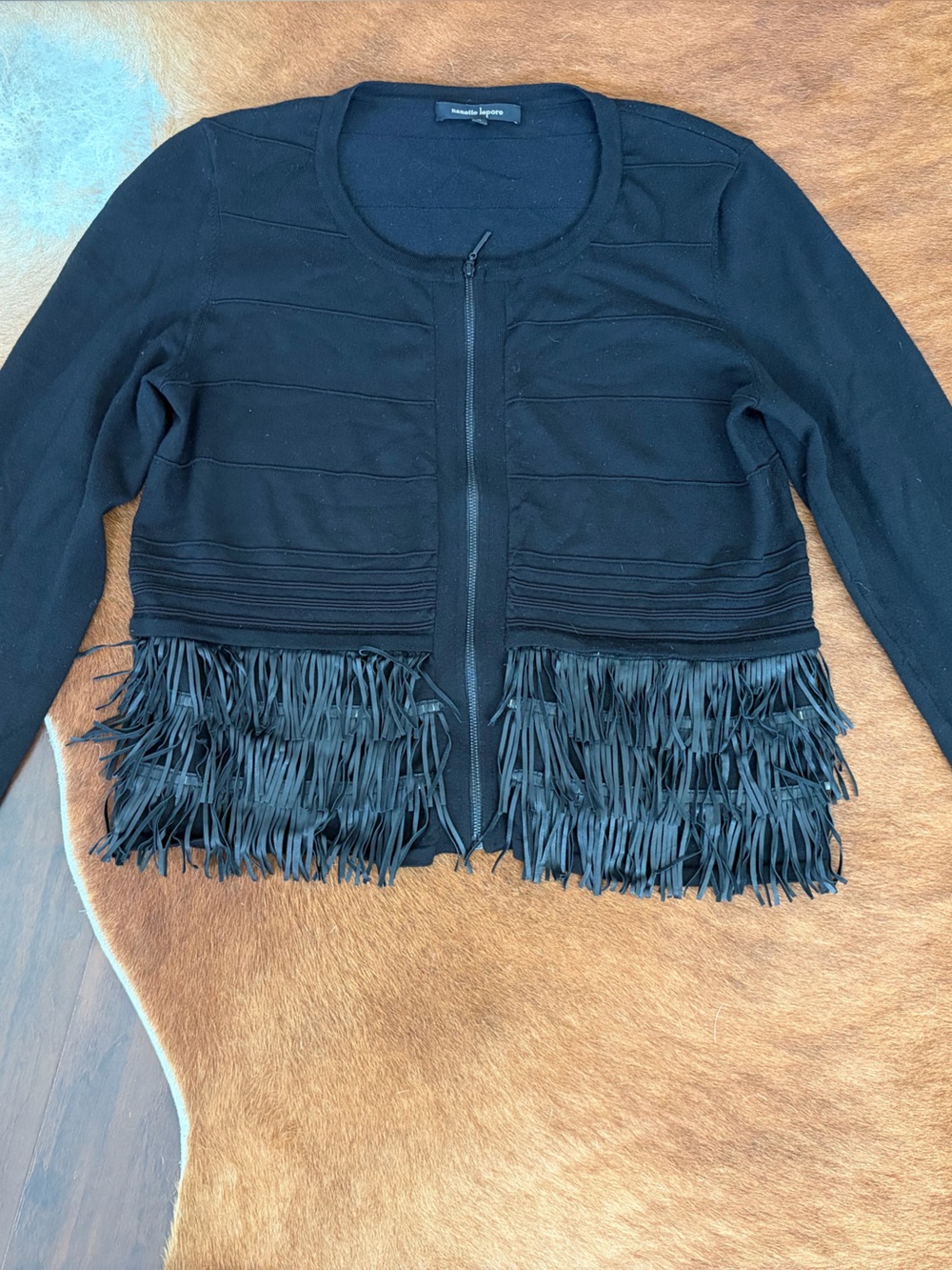 Nanette Lepore Black Fringe-Trim Women’s zip- cardigan